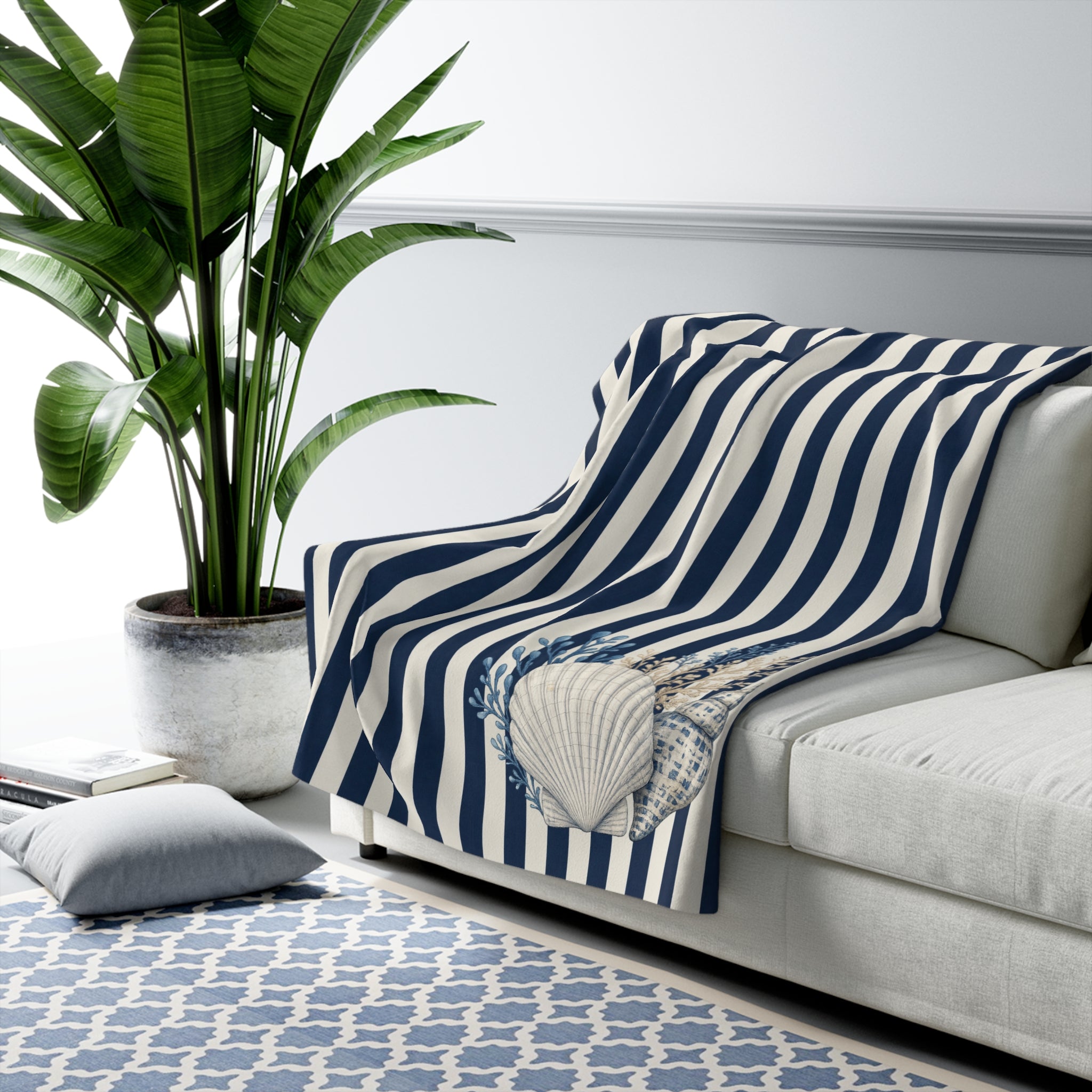 Nautical Coastal Blue Cream Sherpa Throw