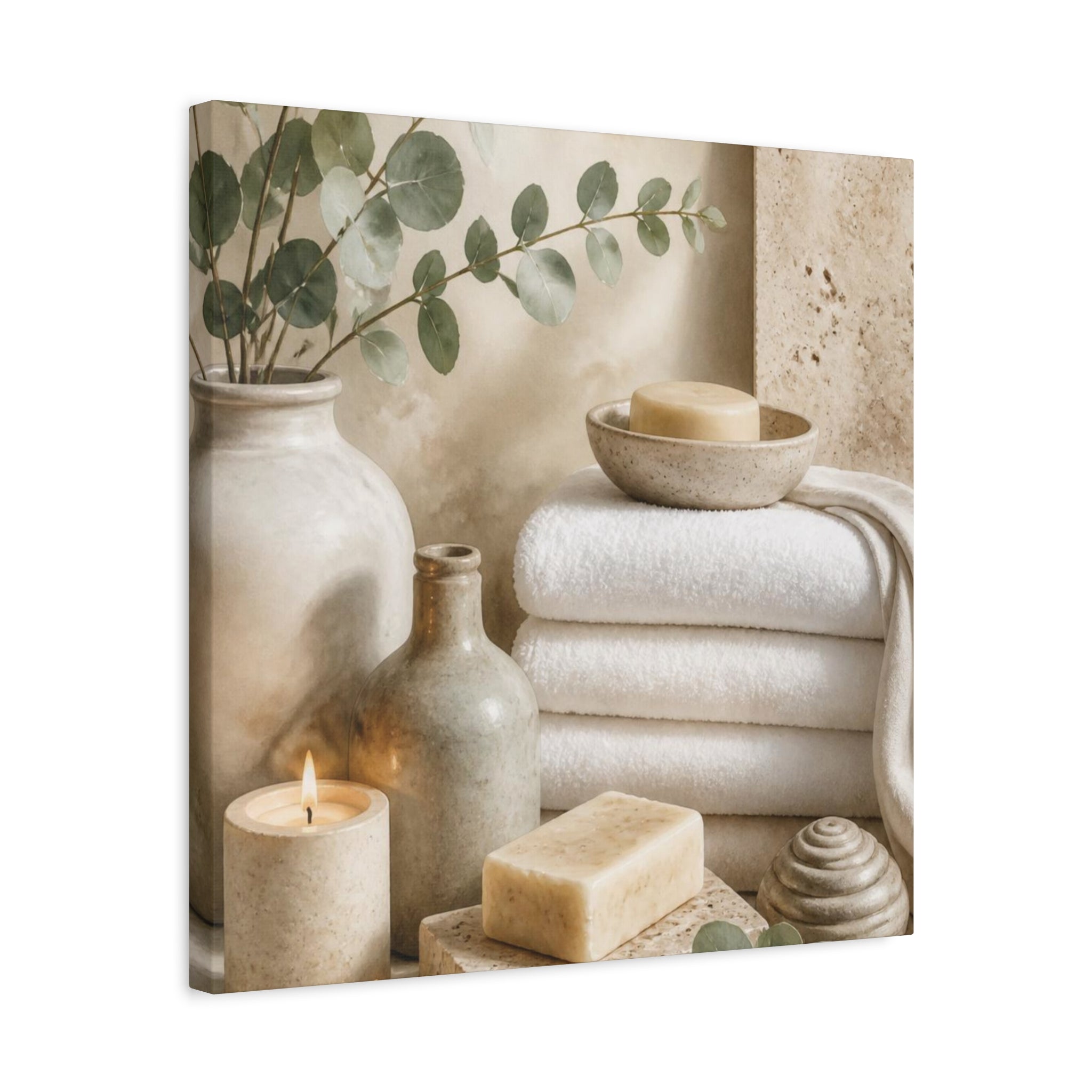 Spa Bathroom Canvas Wall Art – Neutral Towels, Candles & Eucalyptus Stretched Matte Canvas