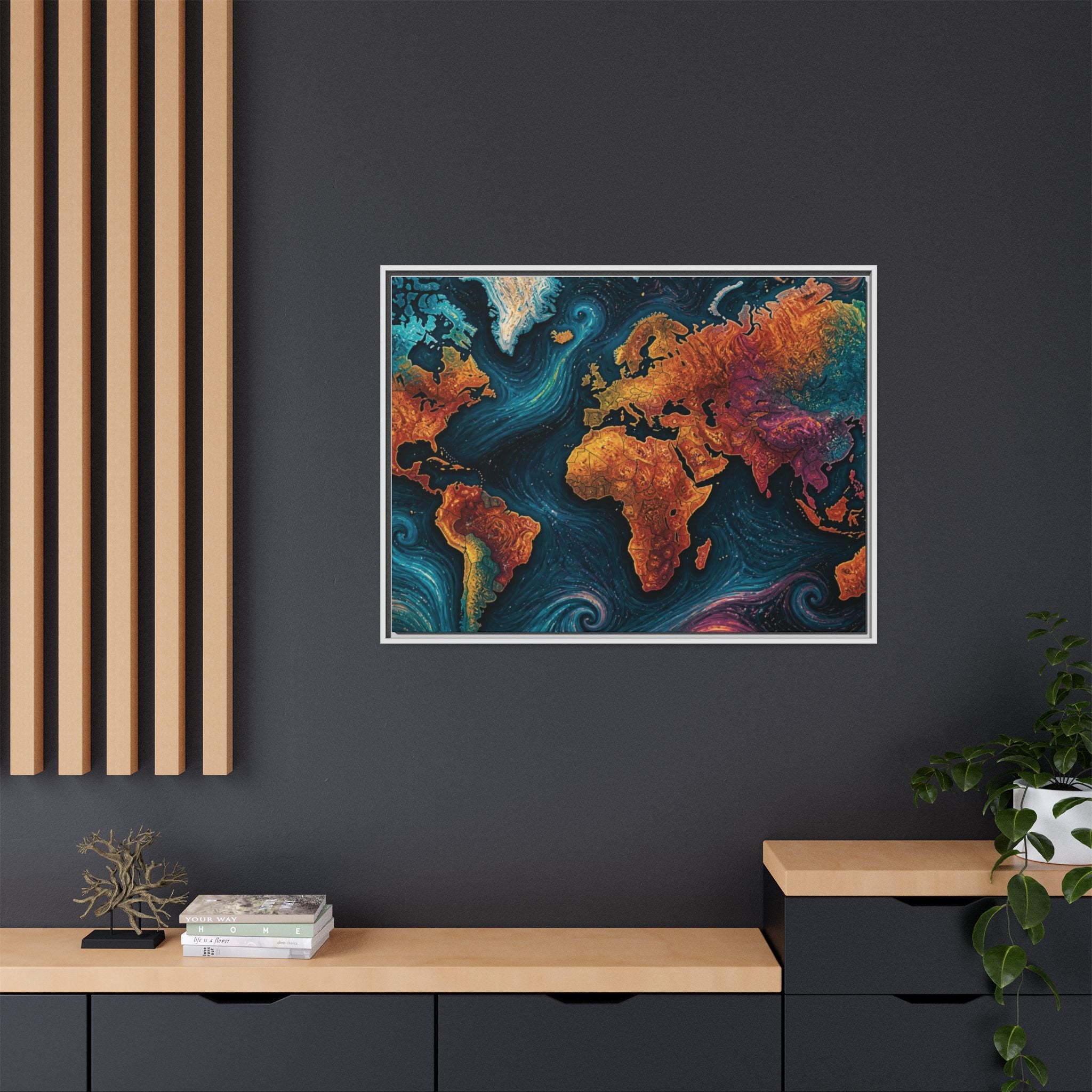 Abstract World Map Matte Canvas Framed | Colorful Earth Map Wall Art