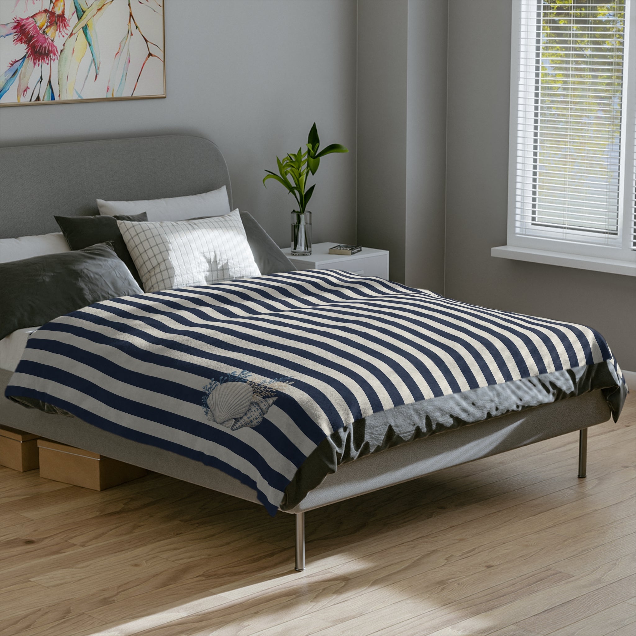 Nautical Striped Velveteen Microfiber Blanket — Coastal Shell Accent