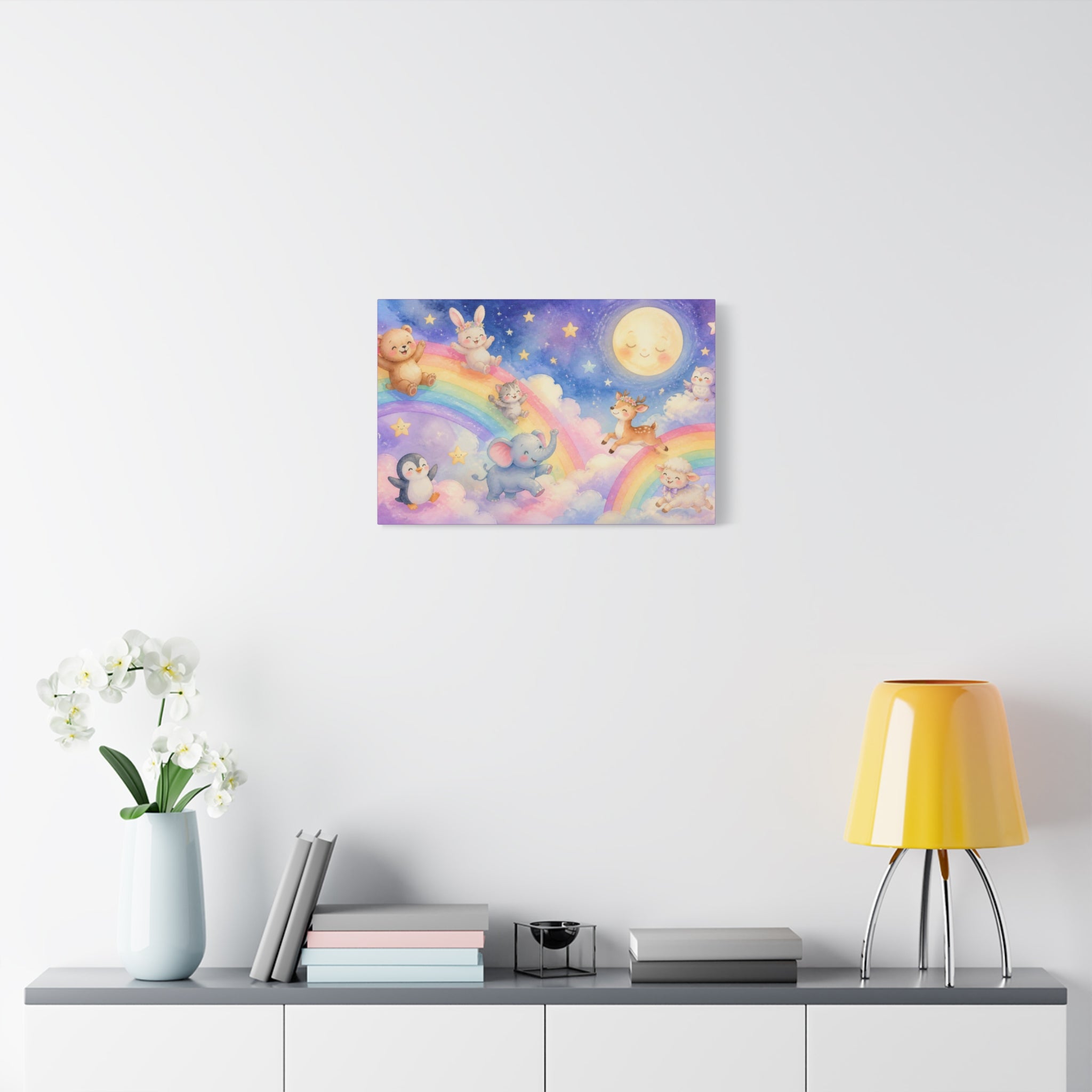 Sleepy Moon and Rainbow Animals Matte Canvas