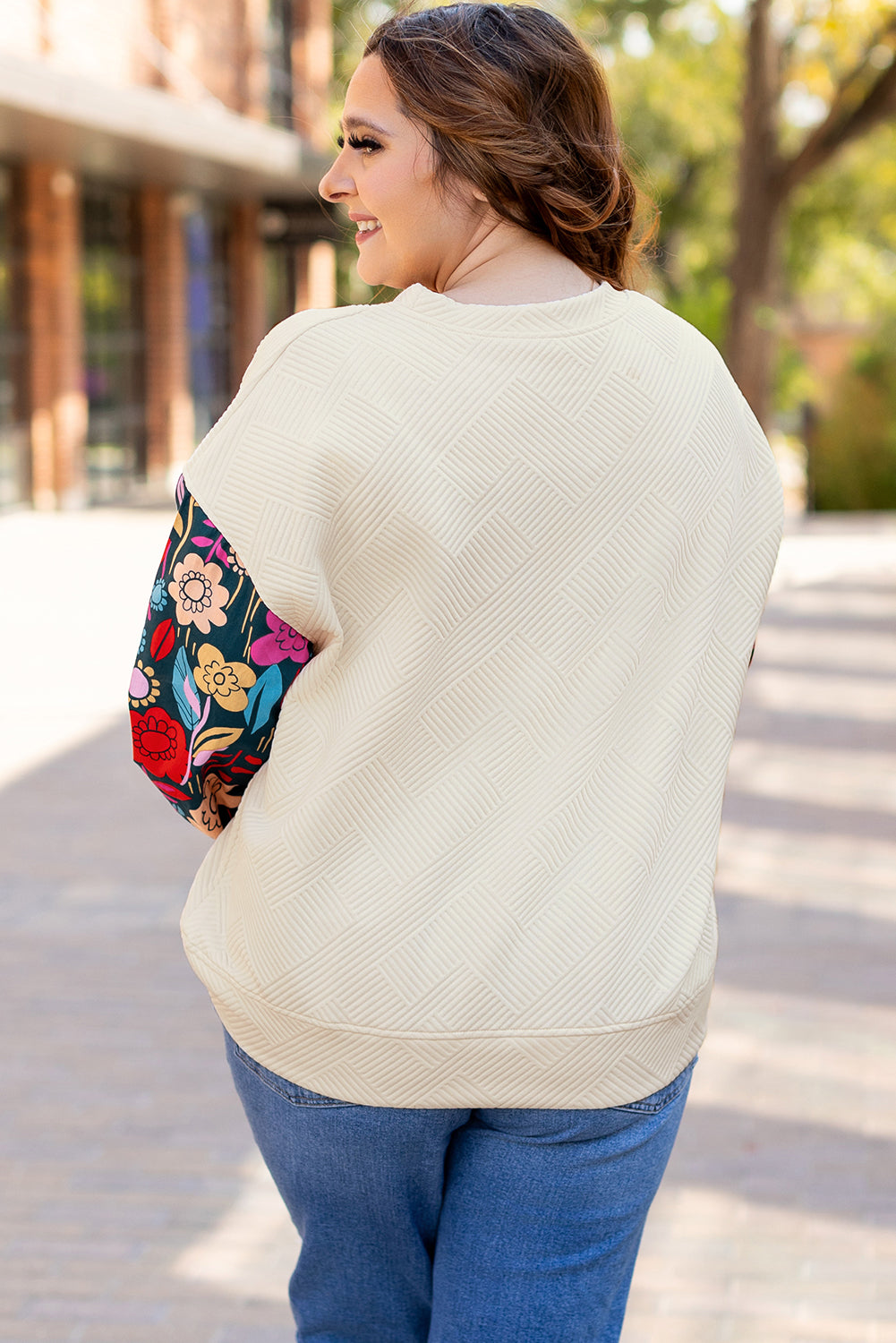 White Floral Patchwork Sleeve Textured Plus Size Pullover Top-1