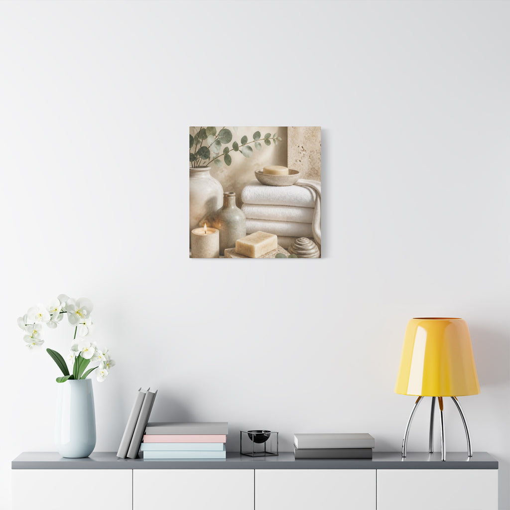 Spa Bathroom Canvas Wall Art – Neutral Towels, Candles & Eucalyptus Stretched Matte Canvas