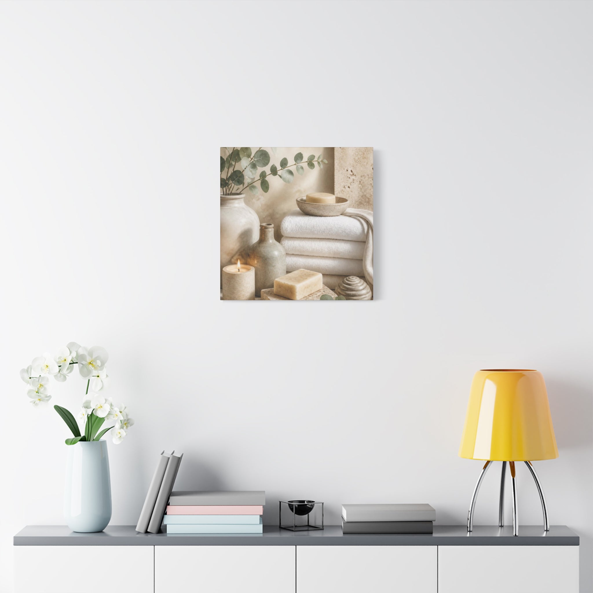 Spa Bathroom Canvas Wall Art – Neutral Towels, Candles & Eucalyptus Stretched Matte Canvas