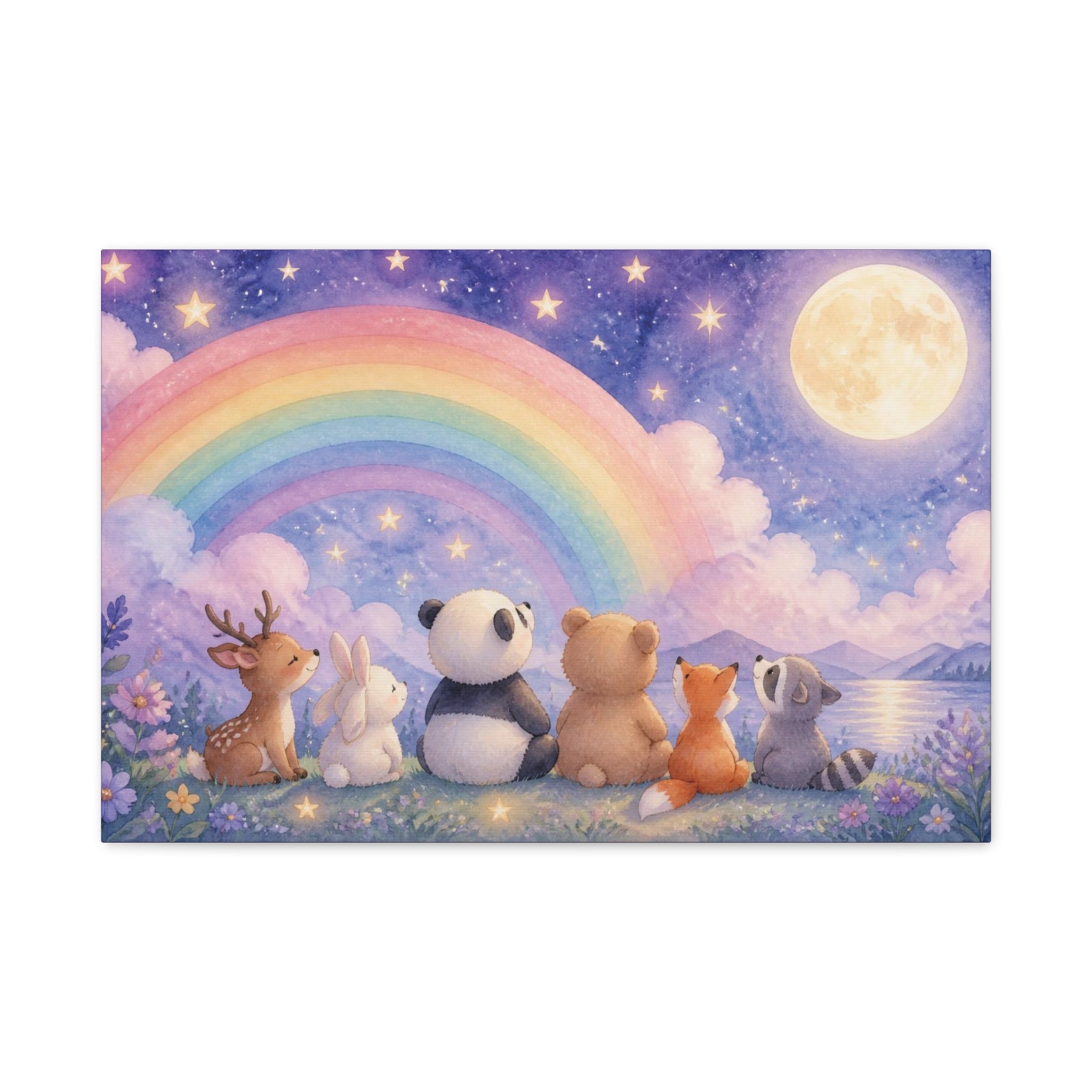 Woodland Friends Under Rainbow Canvas | Nursery Wall Art