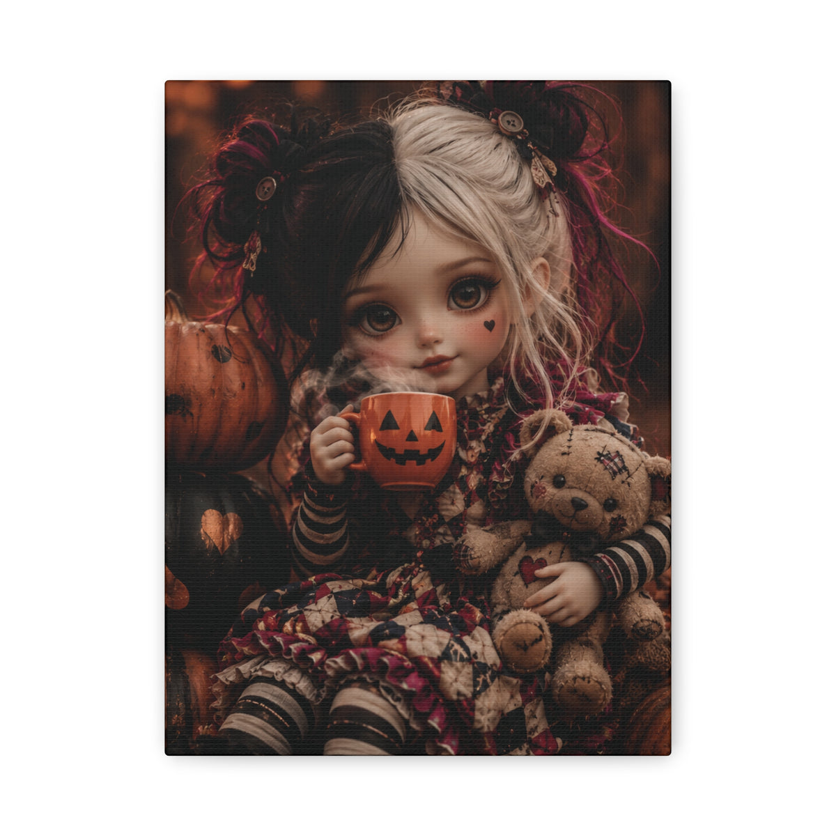 Cute Doll with Pumpkin Mug Halloween Canvas