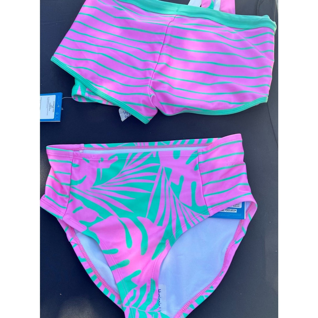 3 piece DSG Pink & Teal One-Shoulder Kids Bikini Set