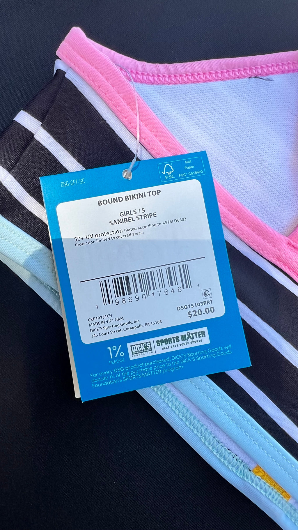 DSG Girls Black Striped Bikini Top with Pink, Yellow & Light Blue Trim