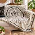 Boho Mandala Woven Blanket, Black Cream Cotton Linen Throw, Fringed Tapestry for Couch or Bed, Oversized Bohemian Decor