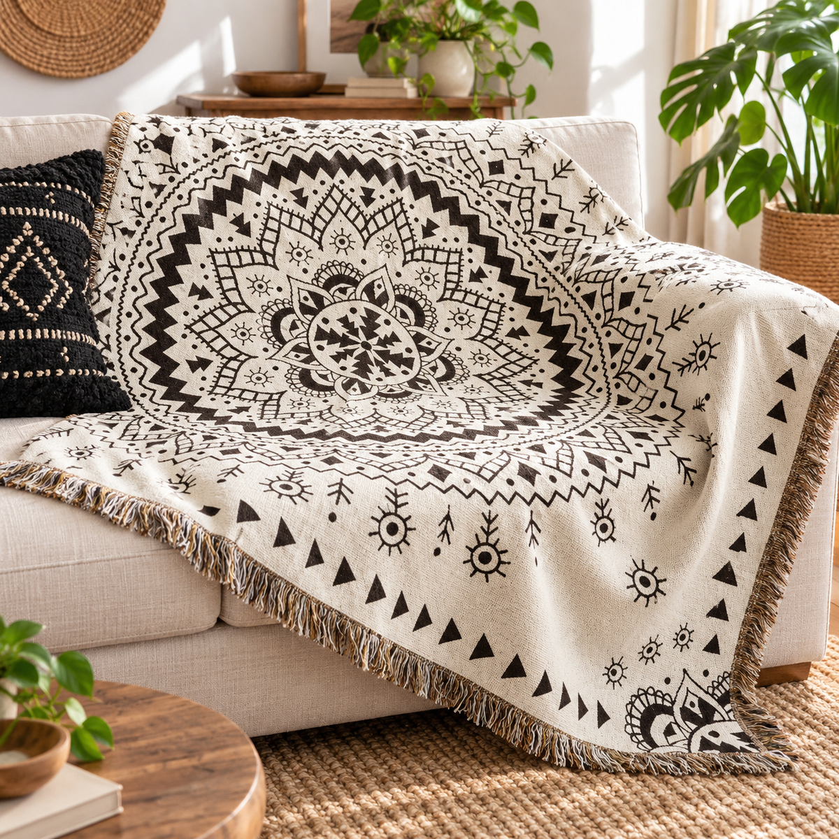 Boho Mandala Woven Blanket, Black Cream Cotton Linen Throw, Fringed Tapestry for Couch or Bed, Oversized Bohemian Decor
