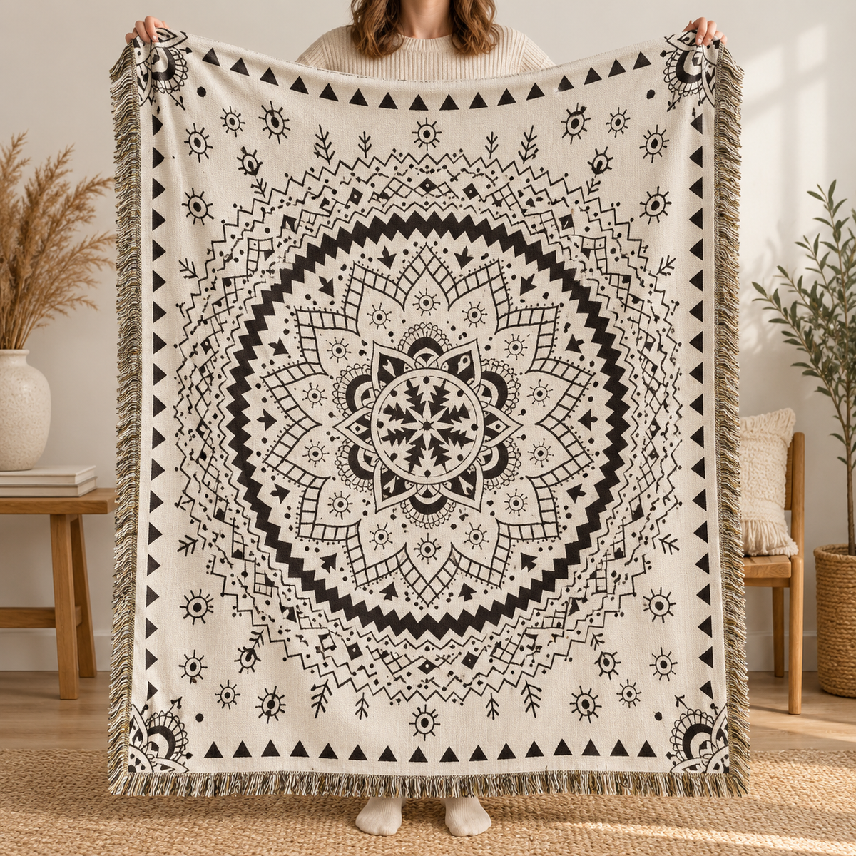 Boho Mandala Woven Blanket, Black Cream Cotton Linen Throw, Fringed Tapestry for Couch or Bed, Oversized Bohemian Decor