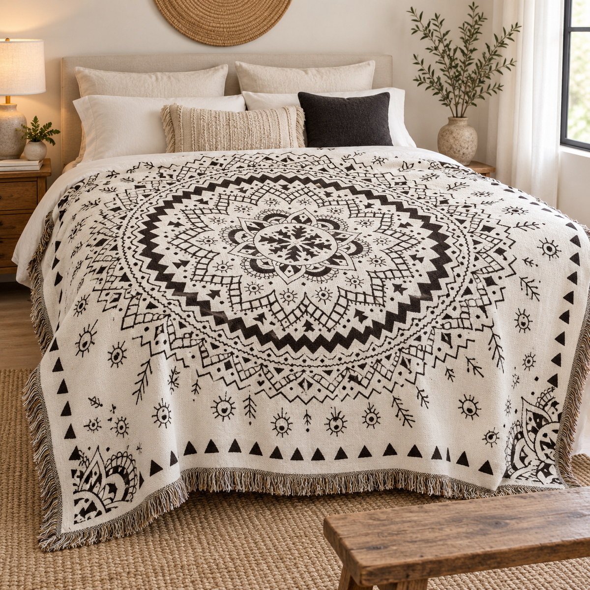 Boho Mandala Woven Blanket, Black Cream Cotton Linen Throw, Fringed Tapestry for Couch or Bed, Oversized Bohemian Decor