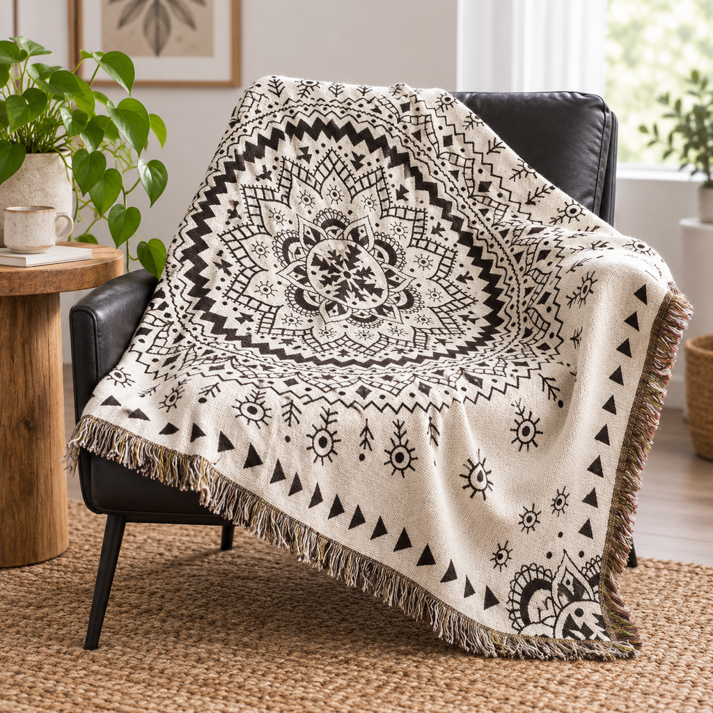 Boho Mandala Woven Blanket, Black Cream Cotton Linen Throw, Fringed Tapestry for Couch or Bed, Oversized Bohemian Decor