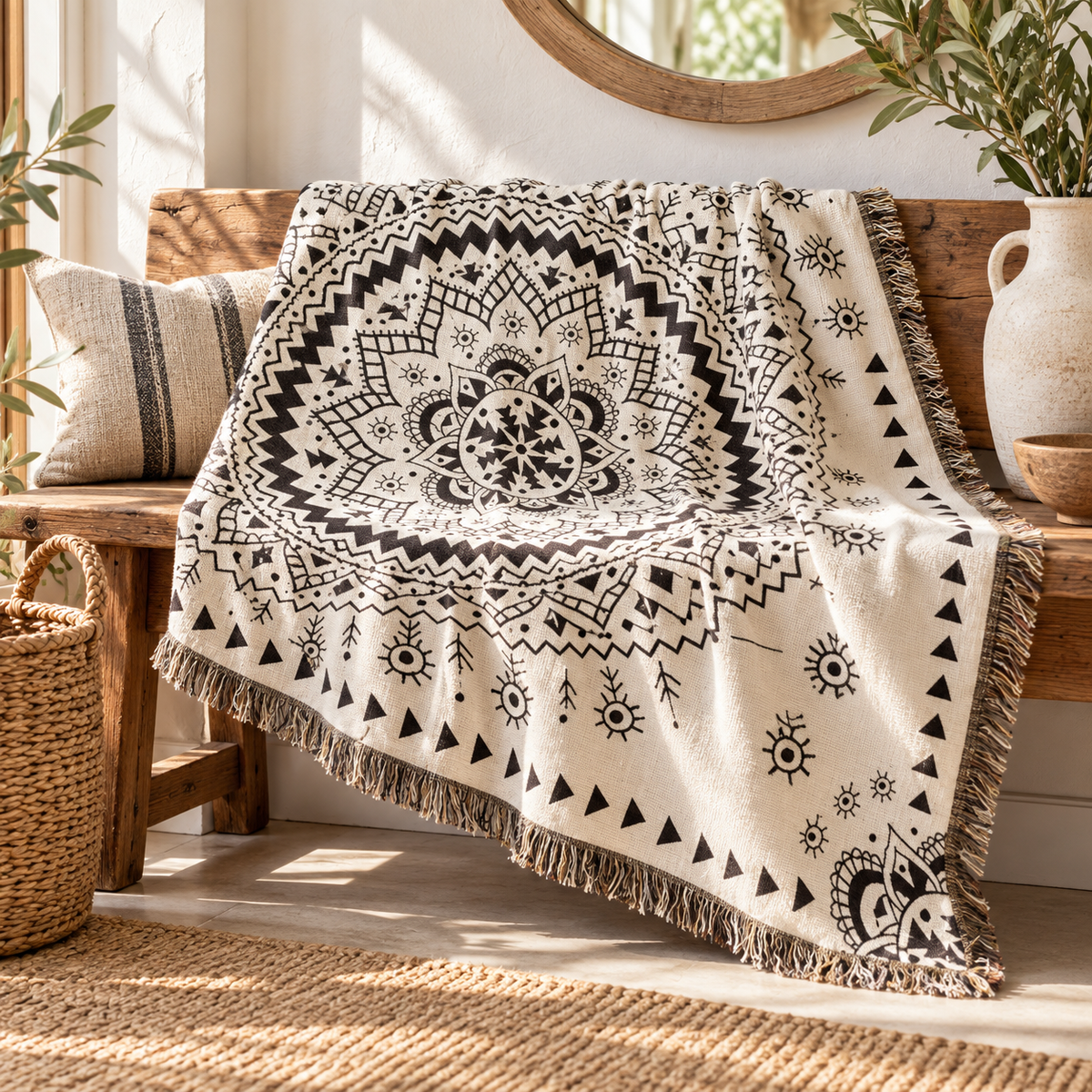 Boho Mandala Woven Blanket, Black Cream Cotton Linen Throw, Fringed Tapestry for Couch or Bed, Oversized Bohemian Decor