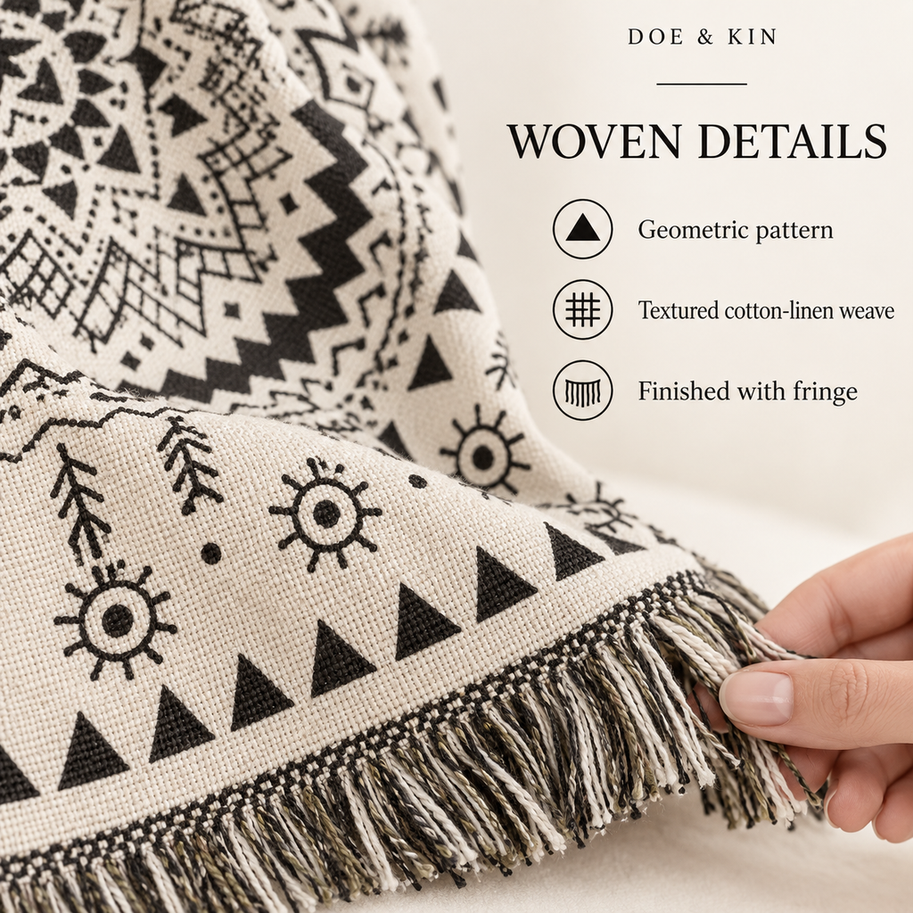 Boho Mandala Woven Blanket, Black Cream Cotton Linen Throw, Fringed Tapestry for Couch or Bed, Oversized Bohemian Decor