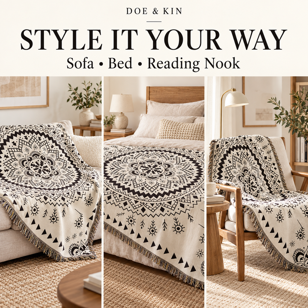 Boho Mandala Woven Blanket, Black Cream Cotton Linen Throw, Fringed Tapestry for Couch or Bed, Oversized Bohemian Decor