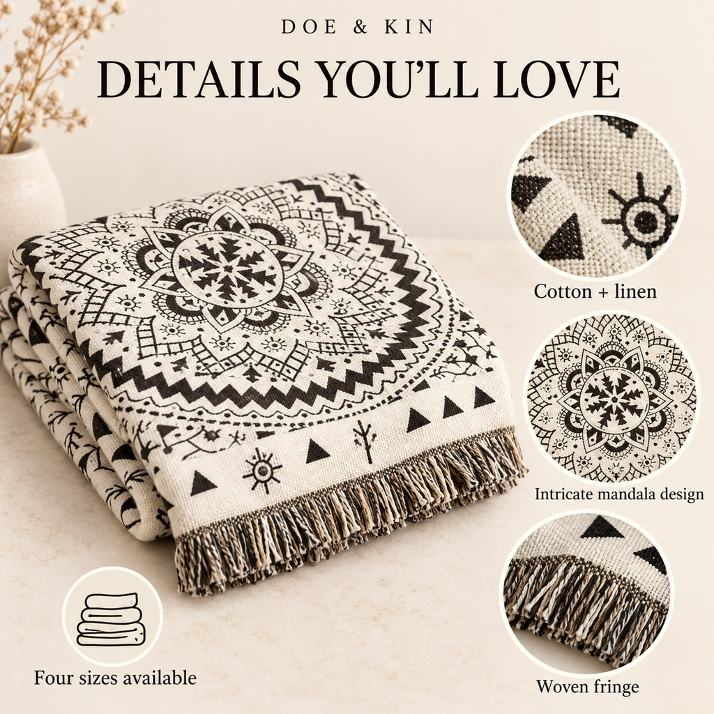Boho Mandala Woven Blanket, Black Cream Cotton Linen Throw, Fringed Tapestry for Couch or Bed, Oversized Bohemian Decor