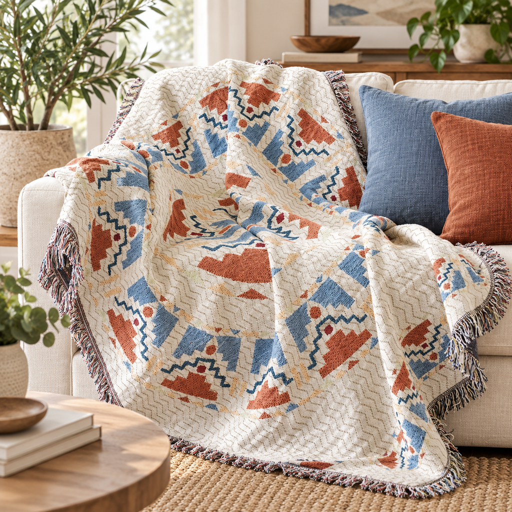 Southwestern Woven Blanket, Rust Blue Cotton Linen Throw, Fringed Geometric Couch or Bed Cover, Oversized Boho Decor