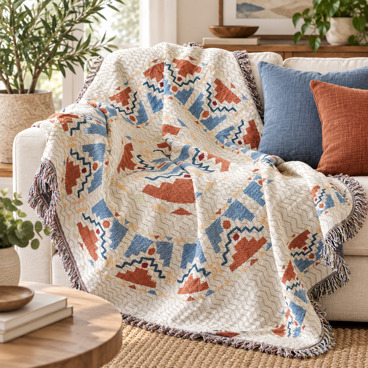 Southwestern Woven Blanket, Rust Blue Cotton Linen Throw, Fringed Geometric Couch or Bed Cover, Oversized Boho Decor