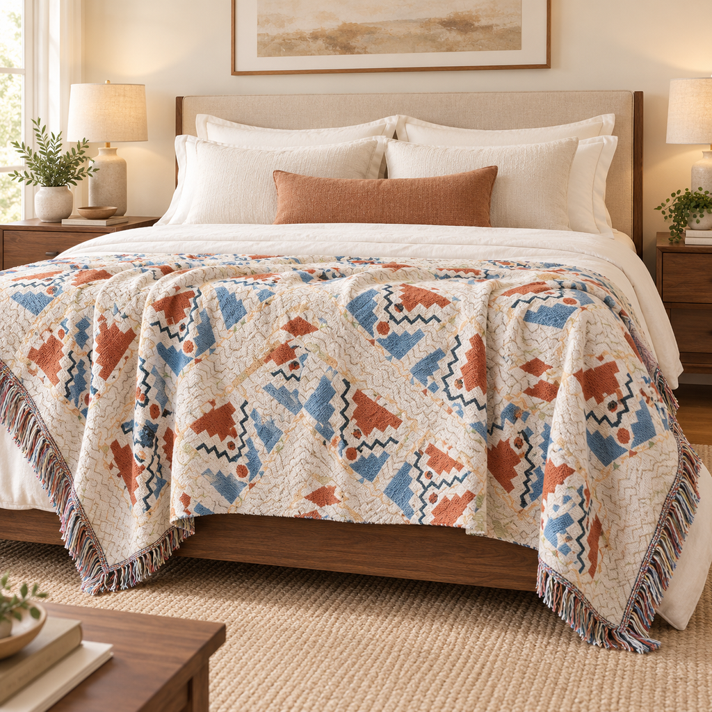 Southwestern Woven Blanket, Rust Blue Cotton Linen Throw, Fringed Geometric Couch or Bed Cover, Oversized Boho Decor