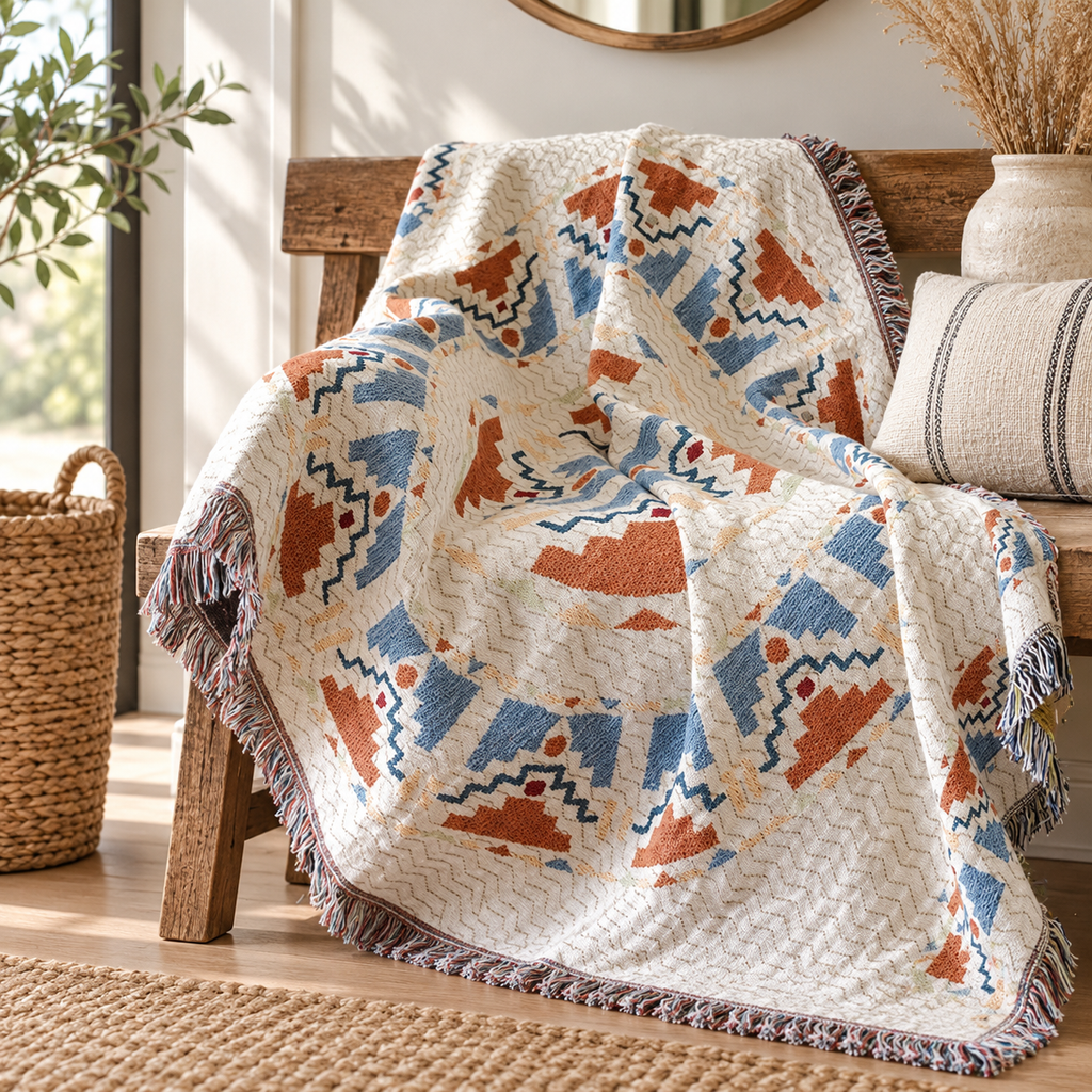 Southwestern Woven Blanket, Rust Blue Cotton Linen Throw, Fringed Geometric Couch or Bed Cover, Oversized Boho Decor