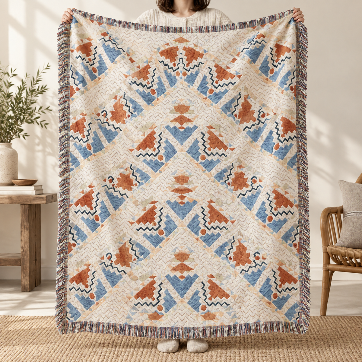 Southwestern Woven Blanket, Rust Blue Cotton Linen Throw, Fringed Geometric Couch or Bed Cover, Oversized Boho Decor