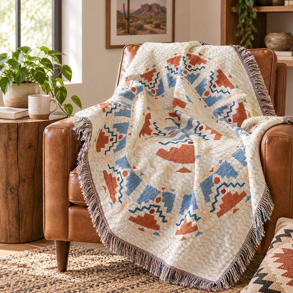 Southwestern Woven Blanket, Rust Blue Cotton Linen Throw, Fringed Geometric Couch or Bed Cover, Oversized Boho Decor