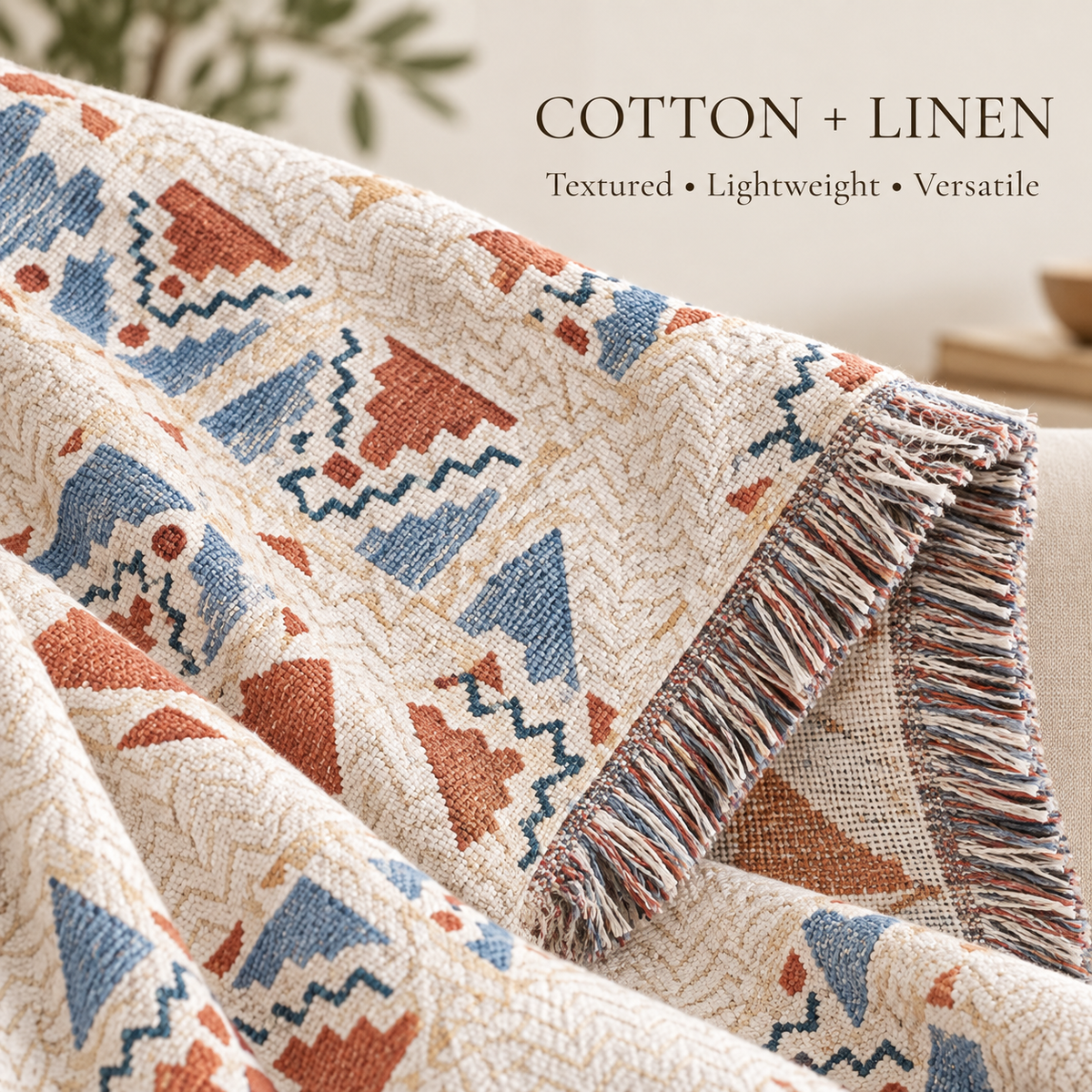 Southwestern Woven Blanket, Rust Blue Cotton Linen Throw, Fringed Geometric Couch or Bed Cover, Oversized Boho Decor