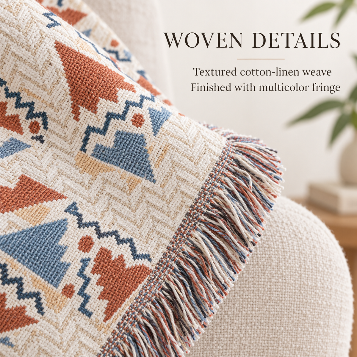 Southwestern Woven Blanket, Rust Blue Cotton Linen Throw, Fringed Geometric Couch or Bed Cover, Oversized Boho Decor