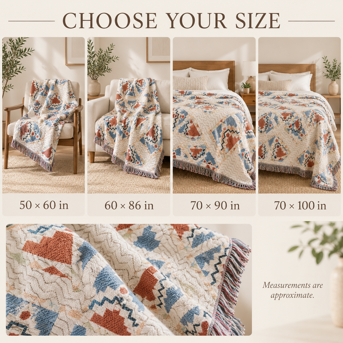 Southwestern Woven Blanket, Rust Blue Cotton Linen Throw, Fringed Geometric Couch or Bed Cover, Oversized Boho Decor