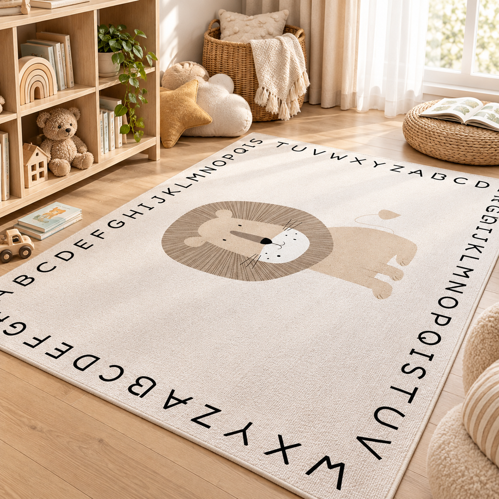 Lion Alphabet Nursery Rug, Neutral Safari Kids Room Area Rug, Non-Slip Educational Playroom Carpet, Beige Animal Decor