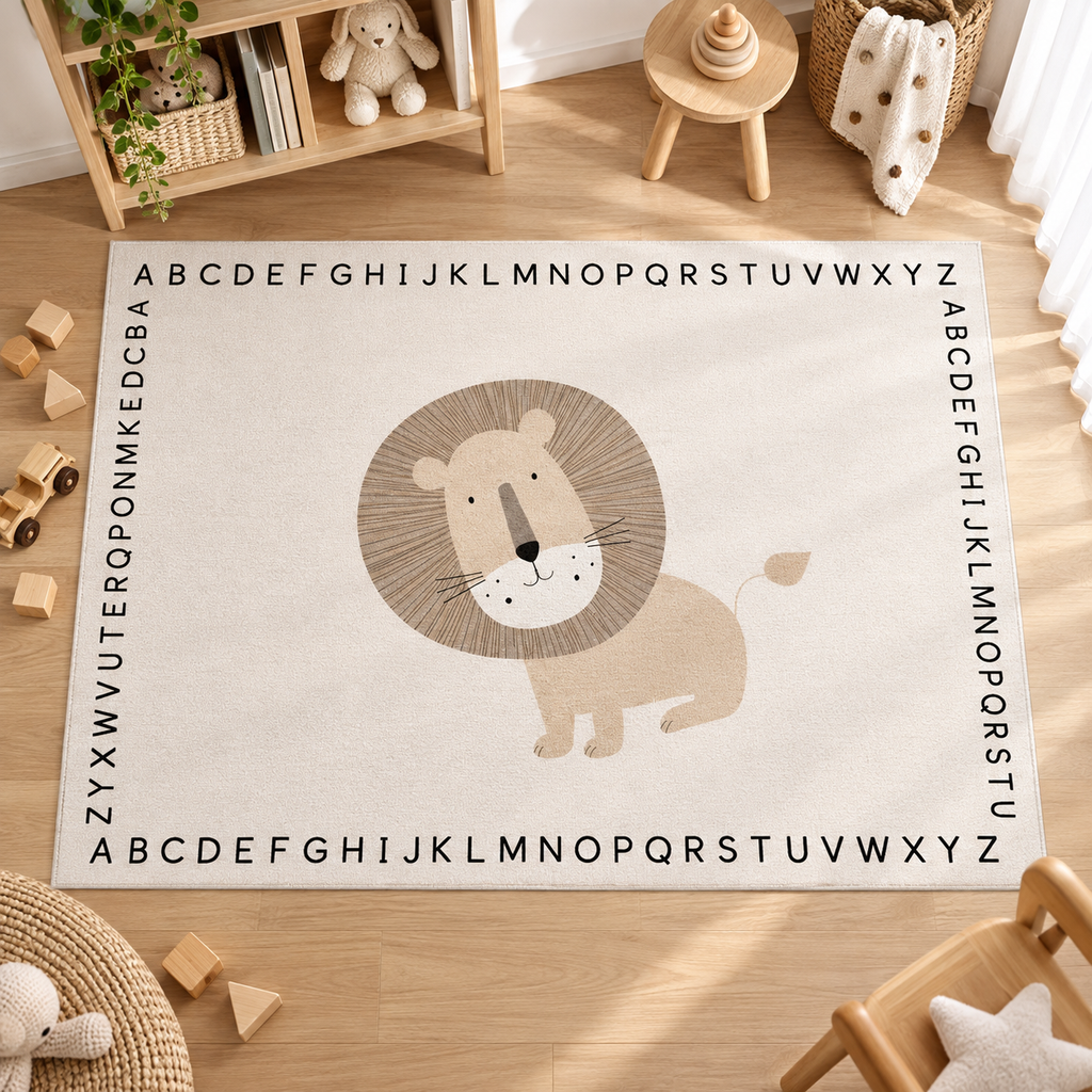 Lion Alphabet Nursery Rug, Neutral Safari Kids Room Area Rug, Non-Slip Educational Playroom Carpet, Beige Animal Decor