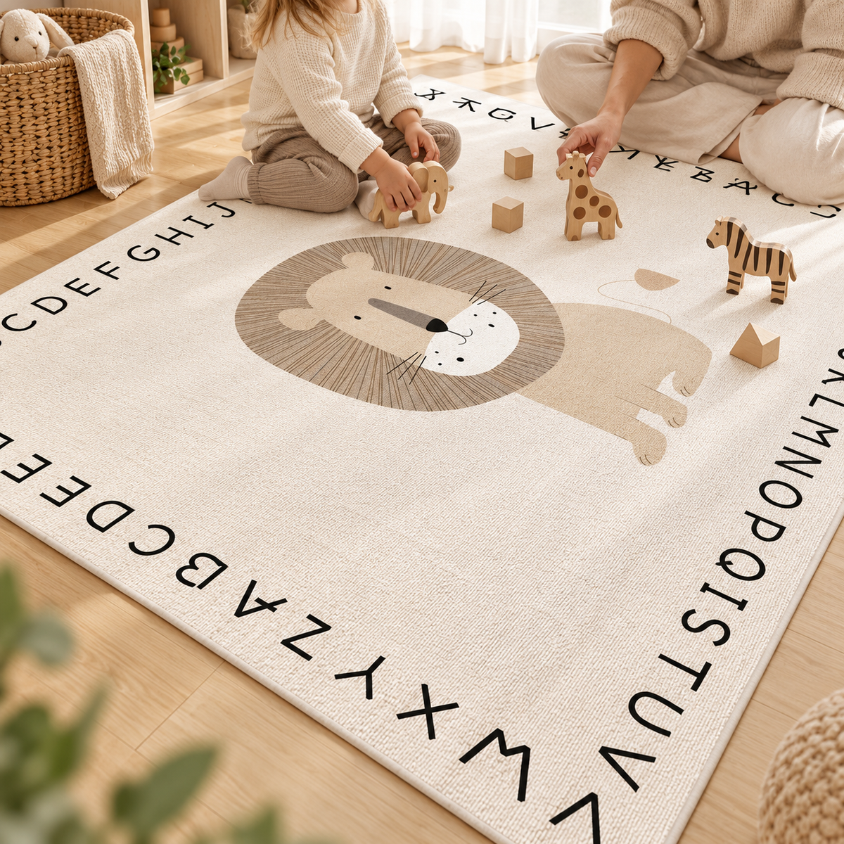 Lion Alphabet Nursery Rug, Neutral Safari Kids Room Area Rug, Non-Slip Educational Playroom Carpet, Beige Animal Decor