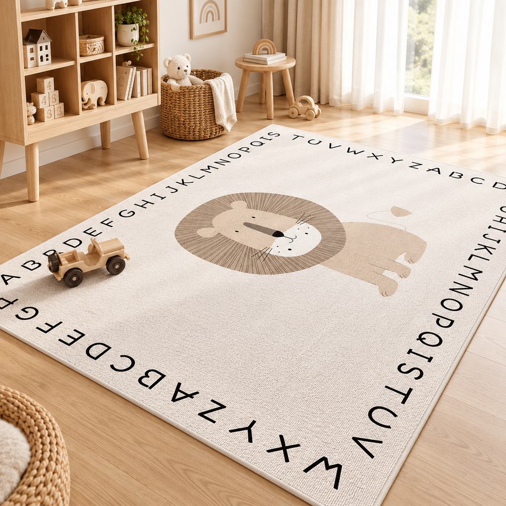 Lion Alphabet Nursery Rug, Neutral Safari Kids Room Area Rug, Non-Slip Educational Playroom Carpet, Beige Animal Decor