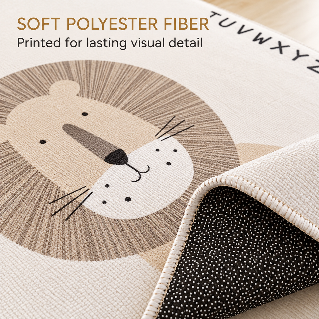 Lion Alphabet Nursery Rug, Neutral Safari Kids Room Area Rug, Non-Slip Educational Playroom Carpet, Beige Animal Decor