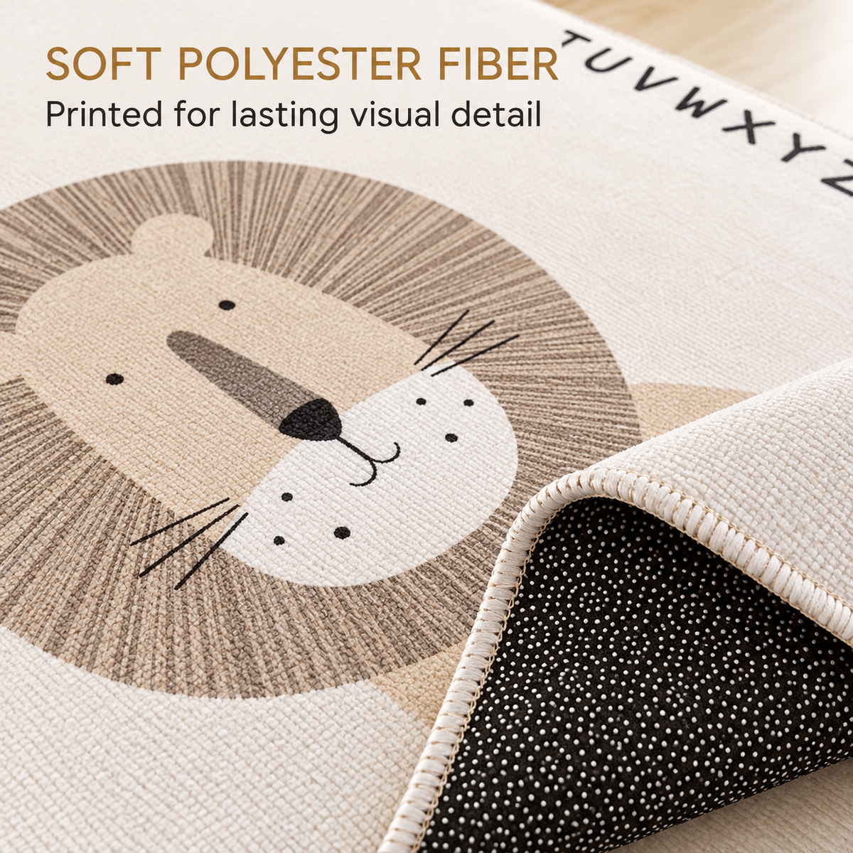 Lion Alphabet Nursery Rug, Neutral Safari Kids Room Area Rug, Non-Slip Educational Playroom Carpet, Beige Animal Decor