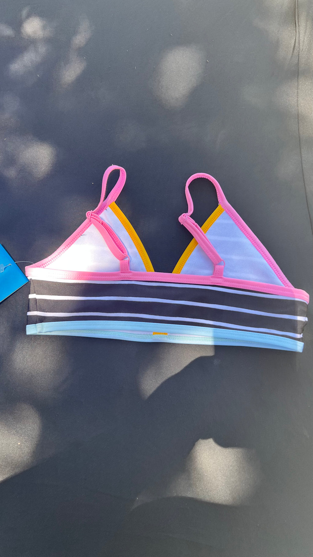 DSG Girls Black Striped Bikini Top with Pink, Yellow & Light Blue Trim