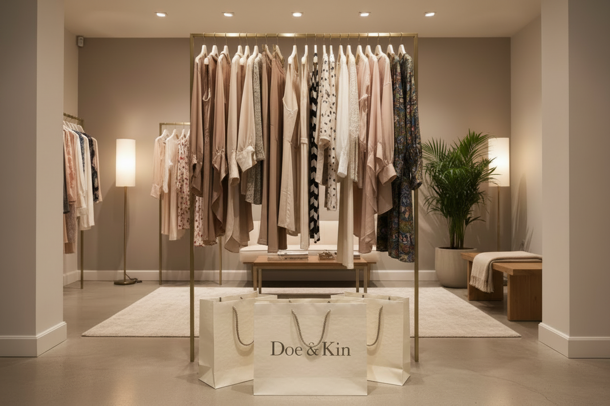 Fashion store interior with clothing rack and Doe & Kin shopping bags on a light wood floor.