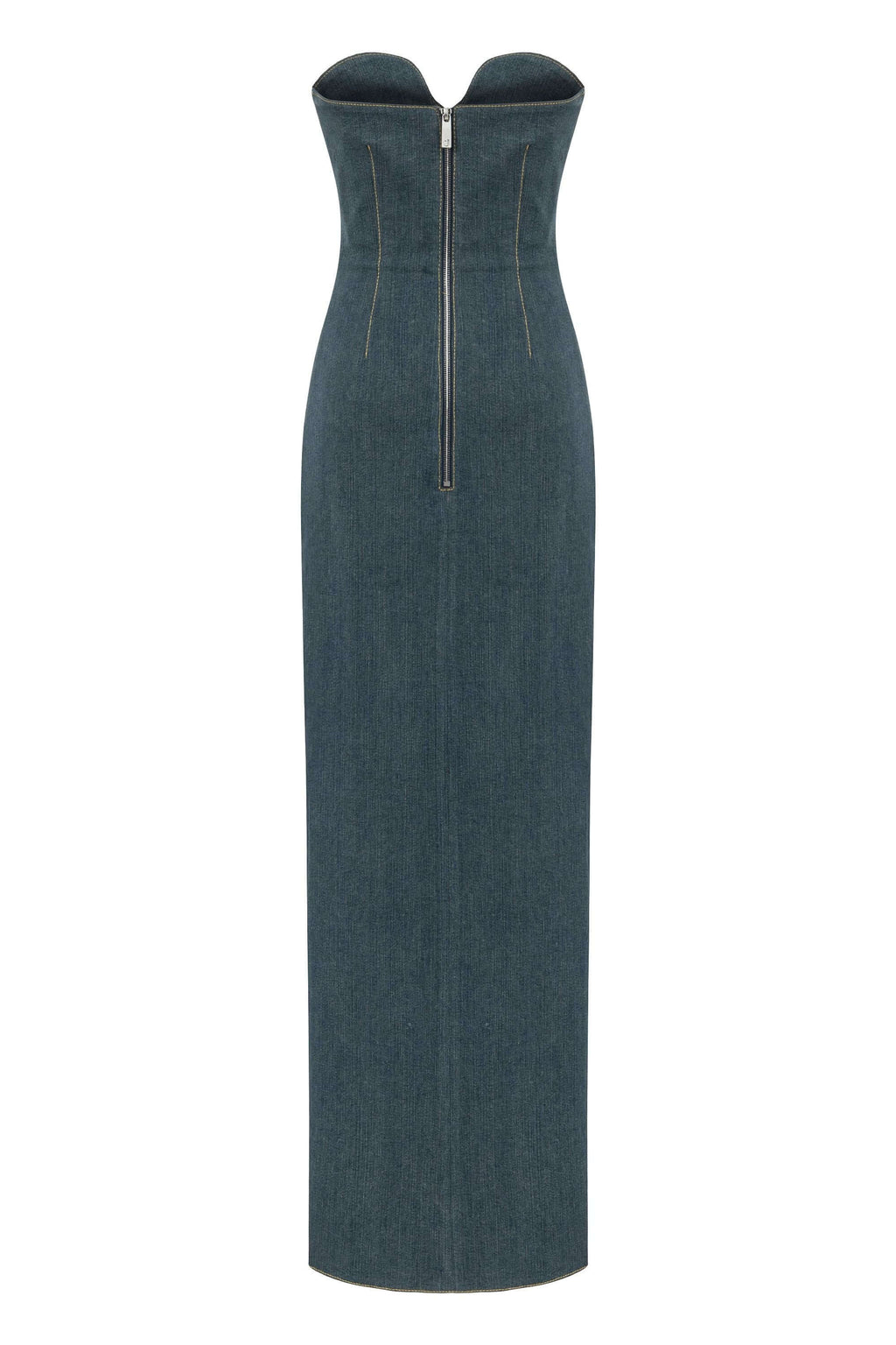 JENDUE Monte Strapless Denim Midi Dress - High Slit Style