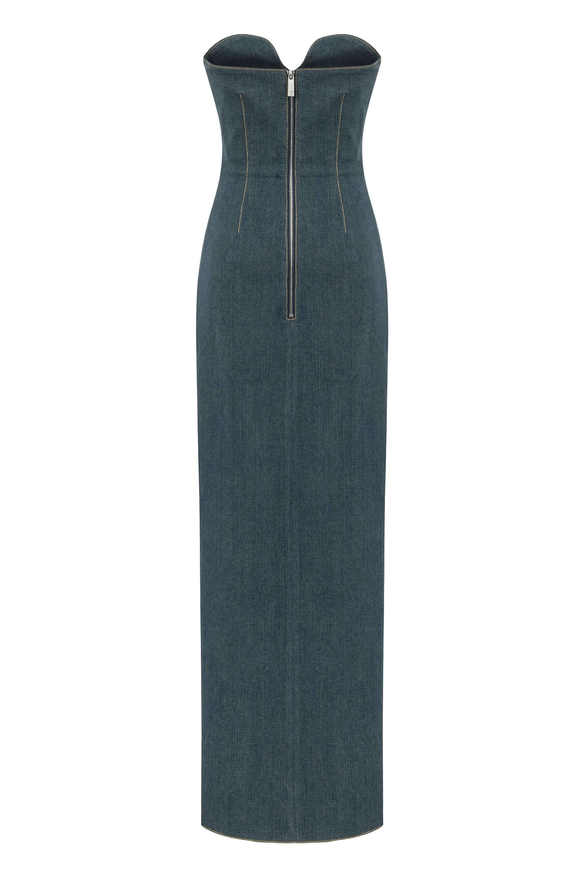 JENDUE Monte Strapless Denim Midi Dress - High Slit Style