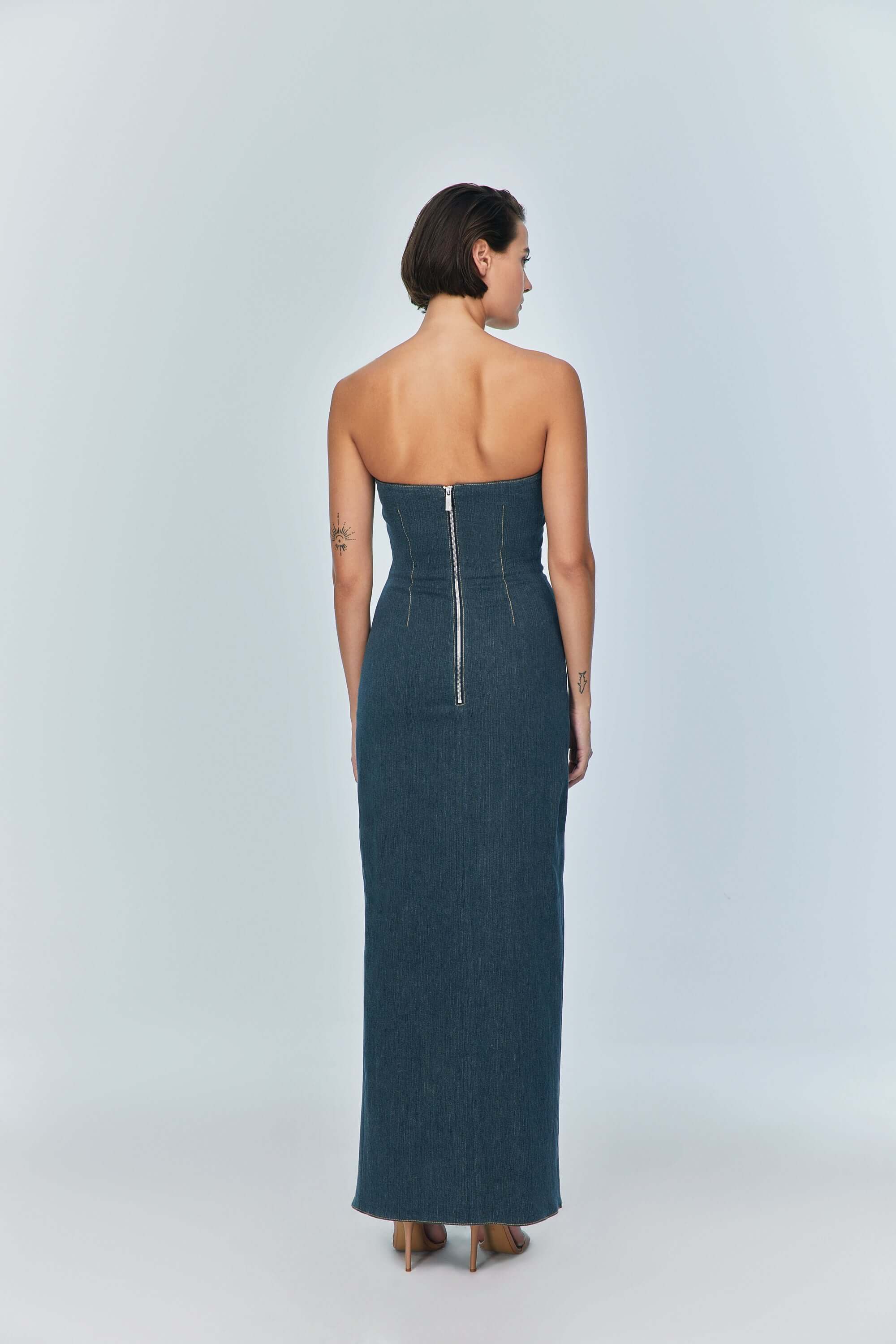 JENDUE Monte Strapless Denim Midi Dress - High Slit Style