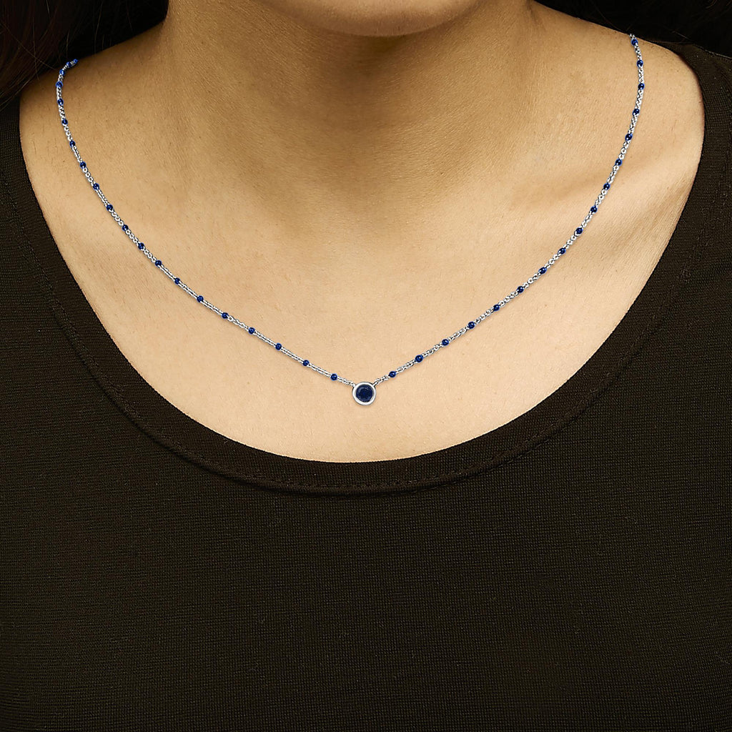 Sterling Silver Created Sapphire Bead Chain Necklace 18 Inch