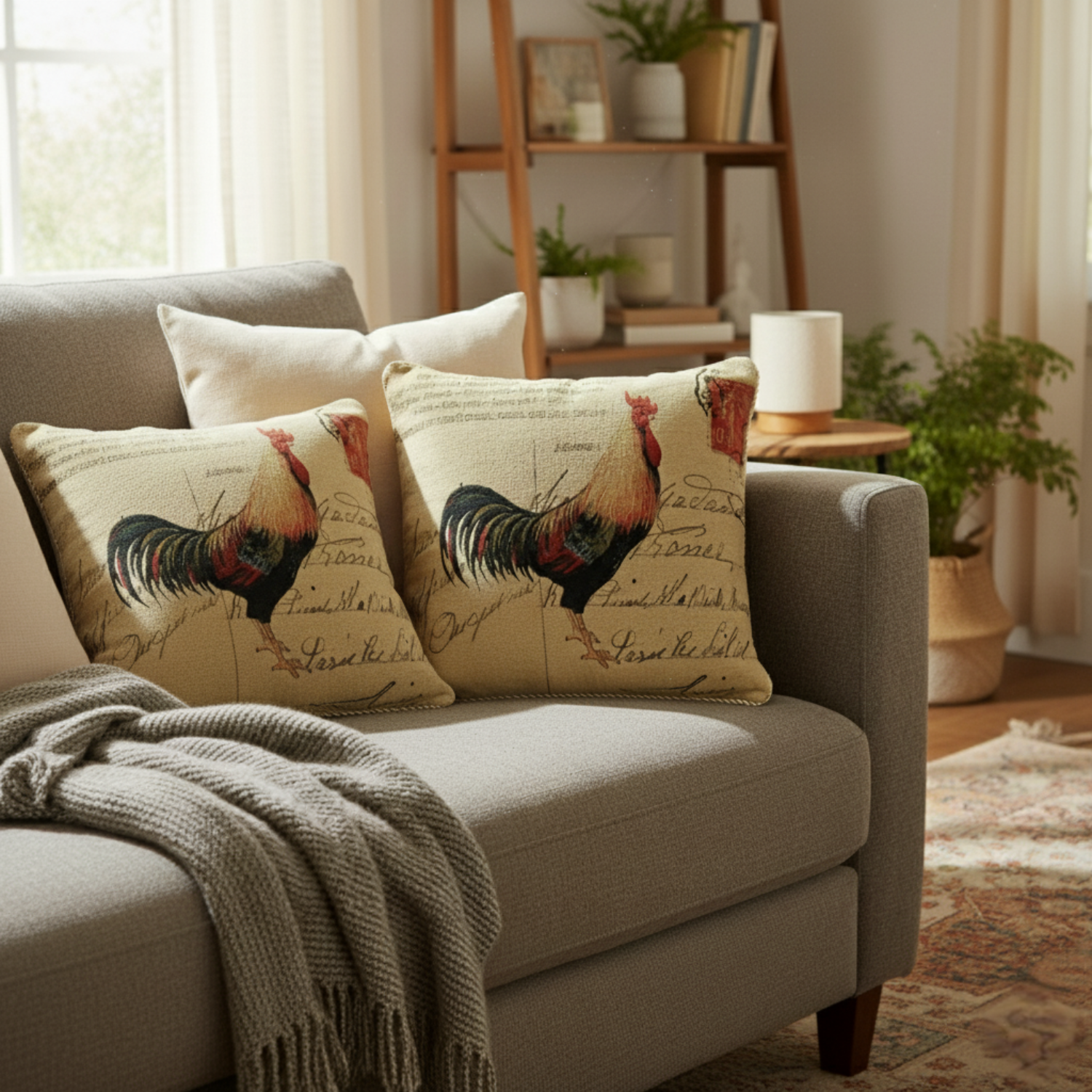 Tache Rooster Postcard European Farmhouse Cottage Vintage Tapestry Woven Throw Pillow Cover (15051)