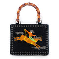 Myra Eight Seconds Western hand beaded bag in black with bamboo handle and horse embroidery