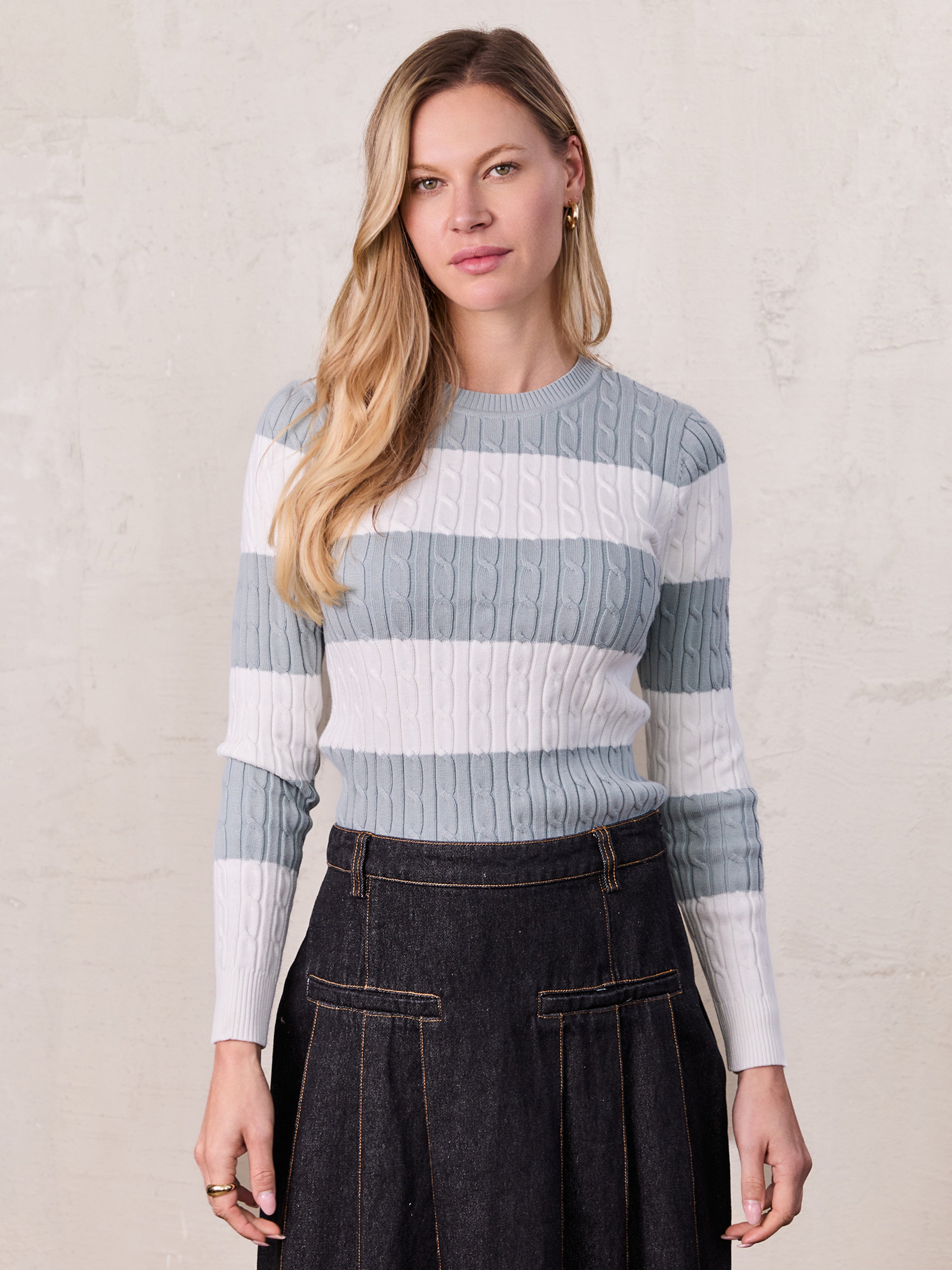 Striped Cable Sweater-Dusty Mint/White