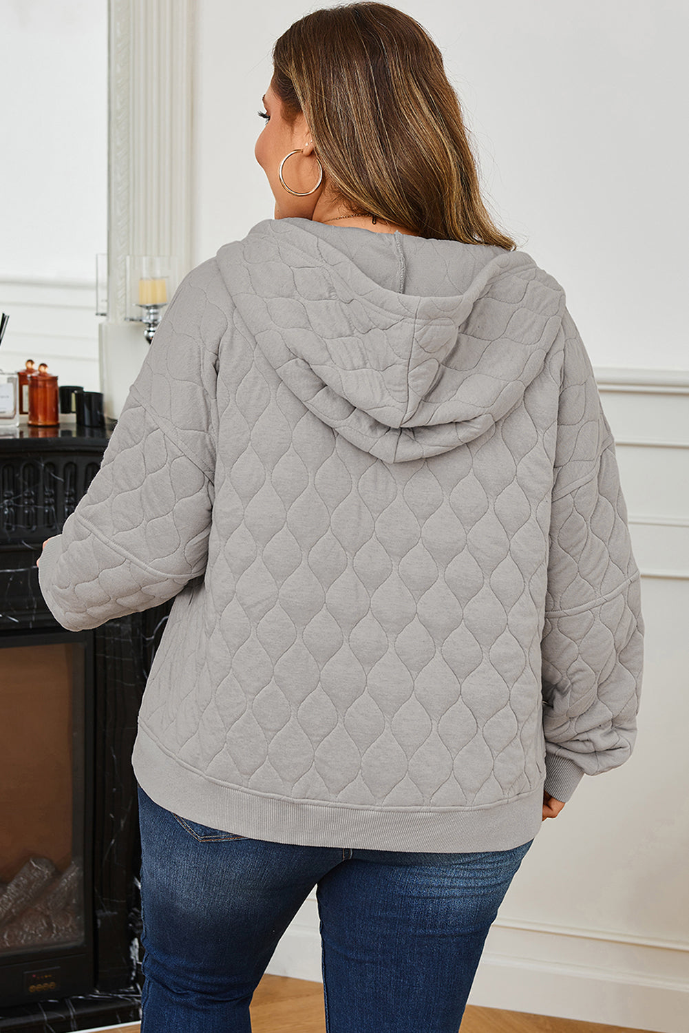 Gray Quilted Quarter Zip Plus Size Hoodie-1