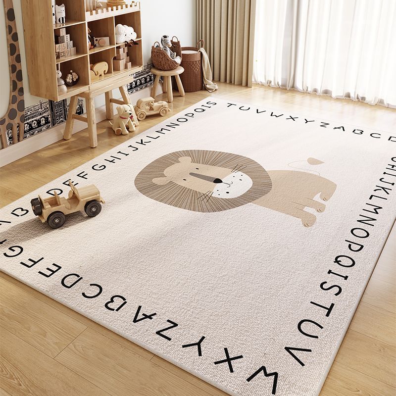 Lion Alphabet Nursery Rug, Neutral Safari Kids Room Area Rug, Non-Slip Educational Playroom Carpet, Beige Animal Decor