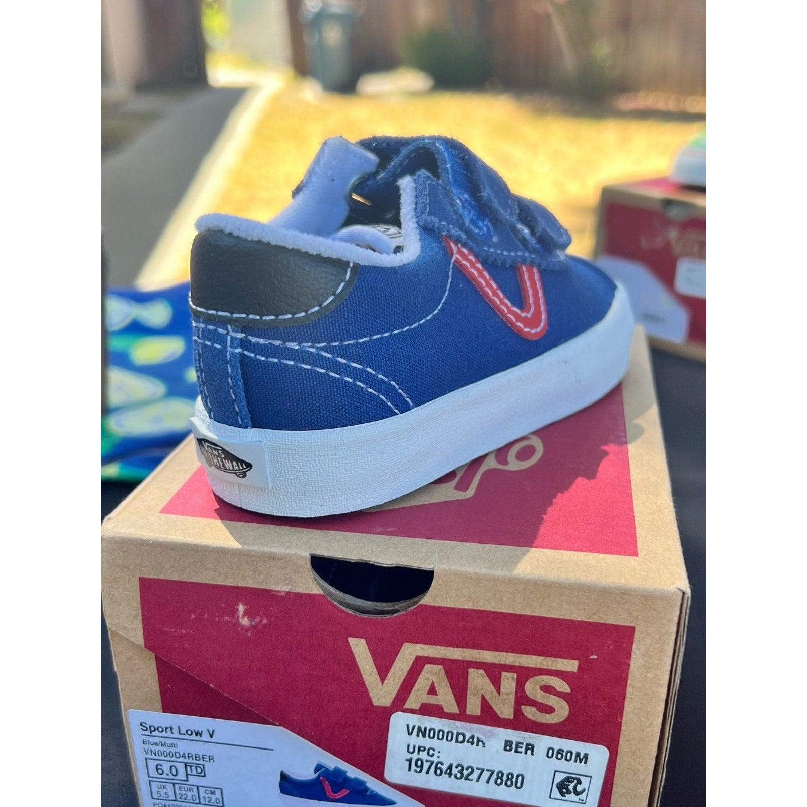 Vans Kids Navy Blue Velcro Sneakers with Red Accent