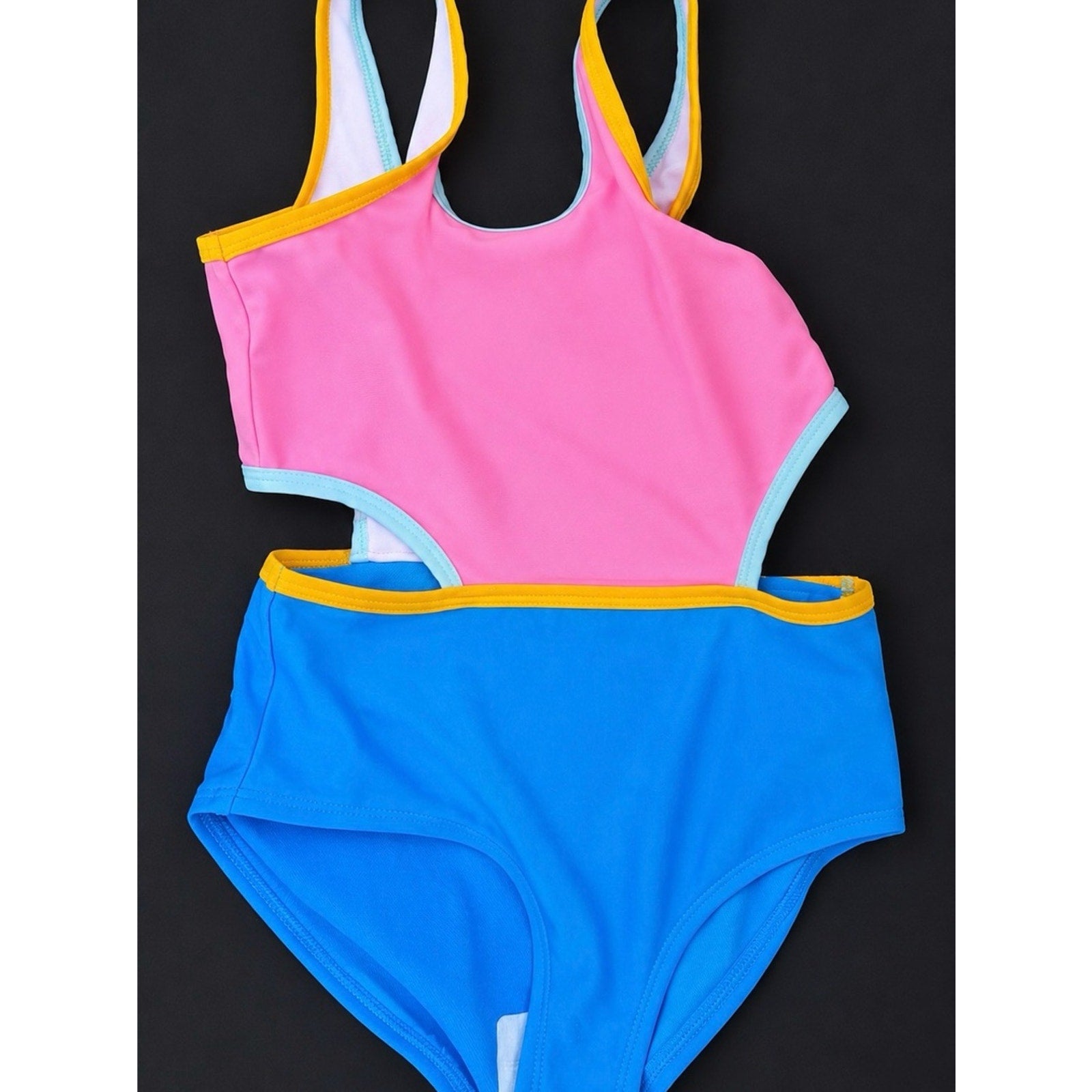 DSG Pink & Blue Kids One-Piece Swimsuit with Yellow Trim