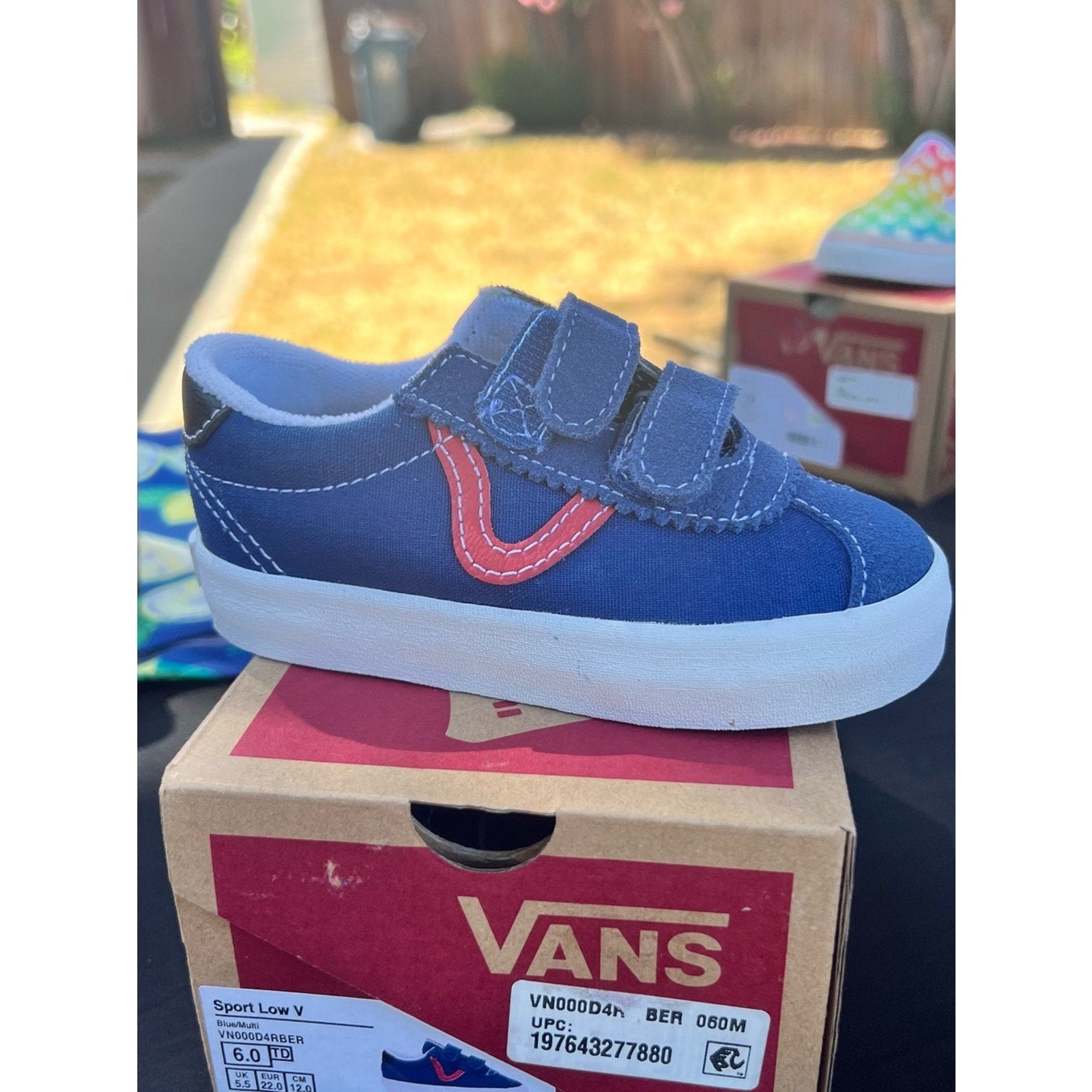 Vans Kids Navy Blue Velcro Sneakers with Red Accent